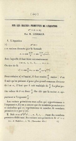 Sur les racines primitives de l´équation.