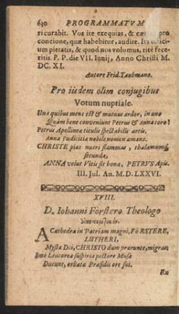 XVIII. D. Iohanni Forstero Theologo [...].