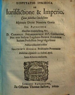 Dispvtatio Ivridica De Iurisdictione & Imperio