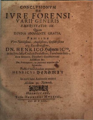 Conclusionum De Iure Forensi Varii Generis Exercitatio IX.
