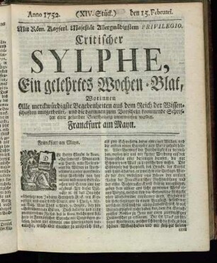 (XIV. Stück.) den 12. Februari. Anno 1752.