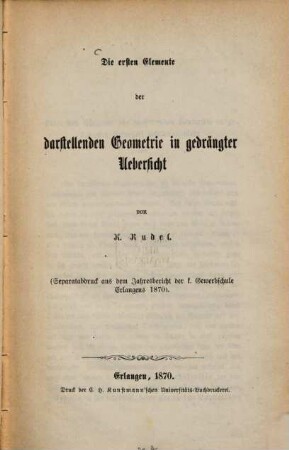 Die ersten Elemente der darstellenden Geometrie in gedrängter Uebersicht