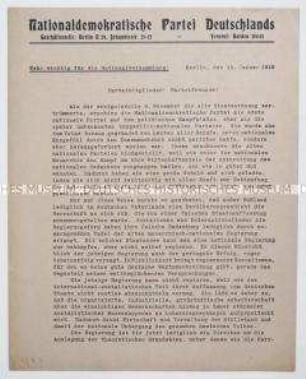Offener Brief der Nationaldemokratischen Partei Deutschlands an ihre Mitglieder zur Wahl der Nationalversammlung 1919