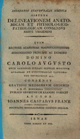 Dissertatio Inauguralis Medica Sistens Delineationem Anatomicam Et Physiologico-Pathologicam Consensus Nervi Trigemini
