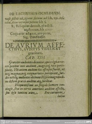 Cap. XIII. De Aurium Affectibus, Auditus Videlicet gravitate