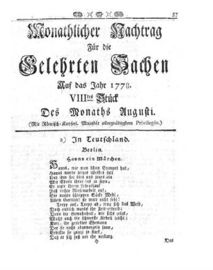 Monathlicher Nachtrag [...] Auf das Jahr 1778. VIIItes Stück Des Monaths Augusti