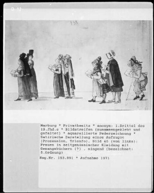 Satirische Darstellung eines Aufzuges (Prozession, Trionfo), Bild 45: Singende Frauen in Tracht mit Gesangsbüchern