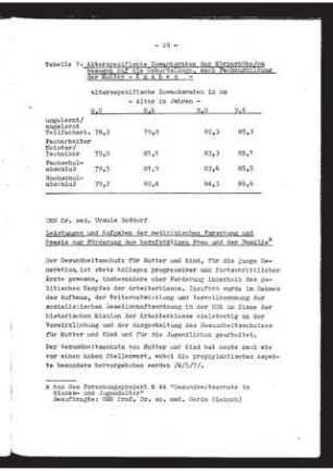 Leistungen und Aufgaben der medizinischen Forschung und Praxis zur Förderung der berufstätigen Frau und der Familie