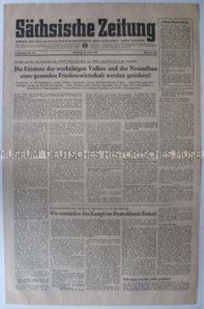Tageszeitung der SED Sachsen "Sächsische Zeitung" zur Währungsreform in der Sowjetischen Besatzungszone