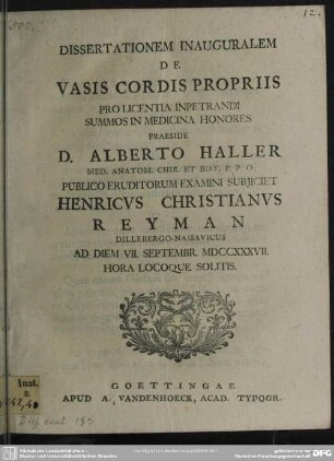 Dissertationem inauguralem De Vasis Cordis Propriis