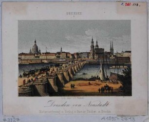 Stadtansicht von Dresden, Blick von der Neustädter Wache (Blockhaus) über die Augustusbrücke auf die Altstadt