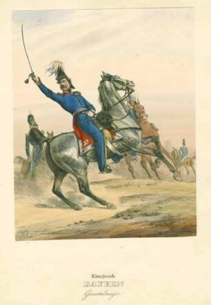 Generalmajor in Uniform zu Pferd mit gezogenem Degen, Uniformblätter nach der bayr. Armee von Dietrich Monten und Heinrich Ambros Eckert