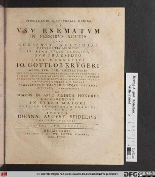 Dissertatio Inavgvralis Medica De Vsv Enematvm In Febribvs Acvtis