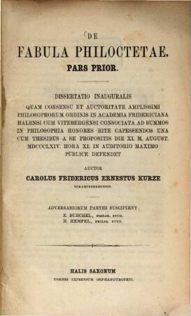 De fabula Philoctetae : Pars prior. (Diss. inaug.) (Sophocles.)