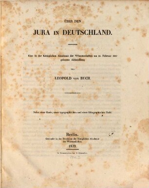 Über den Jura in Deutschland : eine in der Königlichen Akademie der Wissenschaften am 23. Februar 1837 gelesene Abhandlung