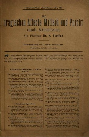 Die tragischen Affecte Mitleid und Furcht nach Aristoteles