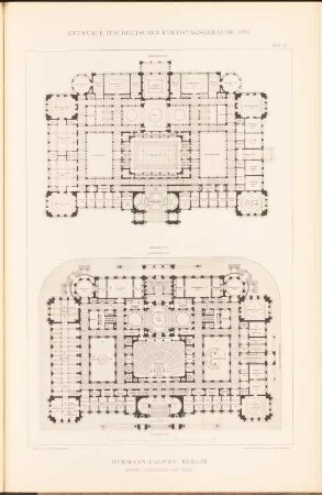 Reichstag, Berlin Zweiter Wettbewerb: Grundriss EG, 1. OG (aus: Sammelmappe hervorragender Konkurrenzentwürfe H. 6, hrsg.v. K.E.O. Fritsch, 1883)