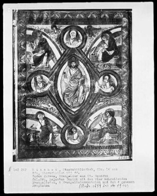 Codex Aureus von Sankt Emmeram (aus der Hofschule Karls des Kahlen) — Majestas Domini mit den Evangelisten, ihren Symbolen und den vier Hauptpropheten, Folio 6verso
