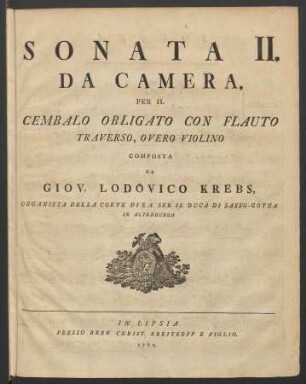 Sonata II. Da Camera Per Il Cembalo Obligato Con Flauto Traverso, Overo Violino