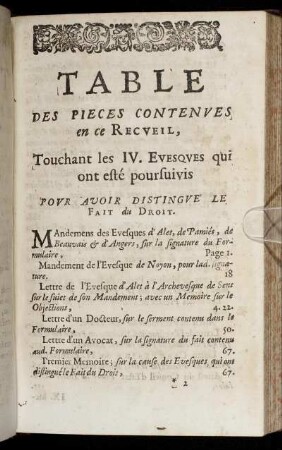 Table Des Pieces Contenues en ce Recueil