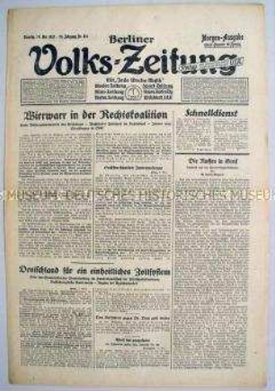 Berliner Volks-Zeitung u.a. zur bevorstehenden Reichstagssitzung