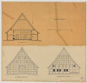 Leeden (Kreis Tecklenburg): Hof Schulte Loose. Haupthaus (Nordwestansicht, Südostansicht, Querschnitt)