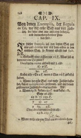 Cap. IX. Von denen Exemplis, der Regula de Tri, [...]