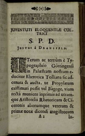 Juventuti Eloquentiae Cultrici S. P. D. Justus à Dransfeld
