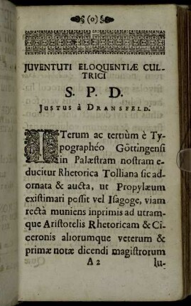 Juventuti Eloquentiae Cultrici S. P. D. Justus à Dransfeld