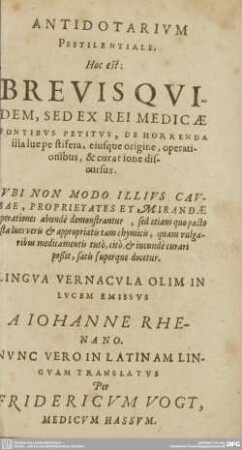 Antidotarium Pestilentiale. Hoc est: Brevis Quidem.