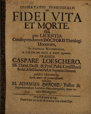 Dissertatio Inauguralis De Fidei Vita Et Morte