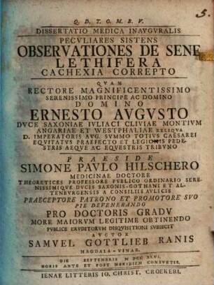 Diss. med. inaug. peculiares sistens observationes de sene lethifera cachexia correpto