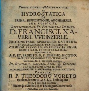 Propositiones mathematicae ex hydrostatica de prima suppositione Archimedis