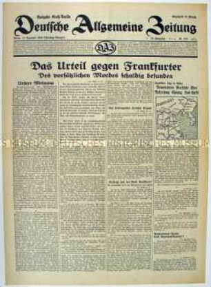 Tageszeitung "Deutsche Allgemeine Zeitung" über die Verurteilung des Juden Frankfurter wegen des Mordes an W. Gustloff in der Schweiz