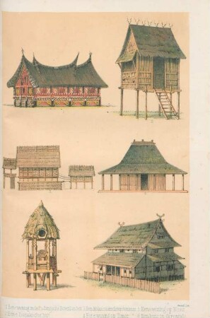 1 Eene woning in d Padangsche Bovenlanden. 2 Eene Djaksche hut. 3 Een Makassarschvorstenhuis. 4 Eene woning op Timor. 5 Eene-woning op Nias. 6 Eeb huis in Gorontalo