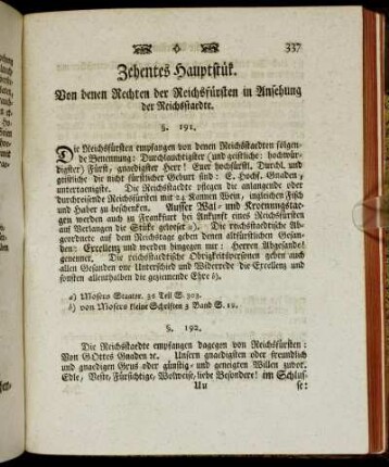 Zehntes Hauptstük. Von denen Rechten der Reichsfürsten in Ansehung der Reichsstaedte