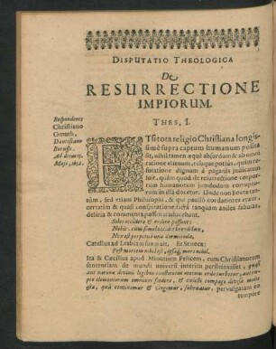 Disputatio Theologica De Resurrectione Impiorum. Respondente Christiano Omuth