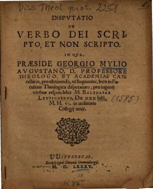 Dispvtatio [Disputatio] De Verbo Dei Scripto, Et Non Scripto