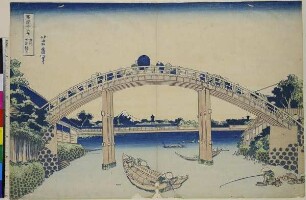 Blick vom Fluss Fuka unterhalb der Mannen-Brücke hindurch, Blatt 4 aus der Serie: 36 Ansichten des Fuji