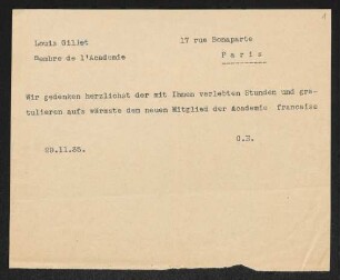 Brief von Gerhart Hauptmann an Louis Gillet