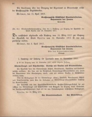 Nr. 93: Ministerialbekanntmachung über den I. Nachtrag zur Satzung der Sparkasse der Stadt Apolda vom 16. November 1911