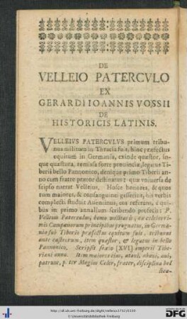 De Velleio Paterculo Ex Gerardi Ioannis Vossii De Historicis Latinis.