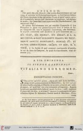 A sua Eminenza il Signor Cardinale Vitaliano Borromeo