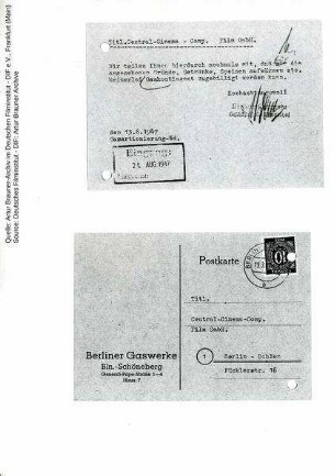 Postkarte von den Berliner Gaswerken an CCC, 13.08.1947