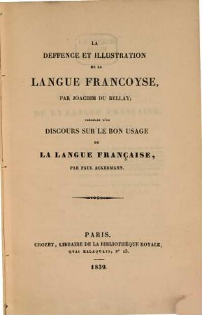 La deffence et illustration de la langue Francoyse