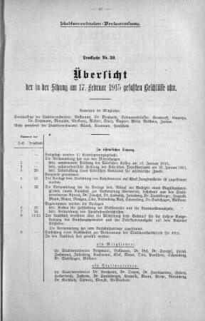 Übersicht der in Sitzung gefaßten Beschlüsse (30), 17. Februar 1915
