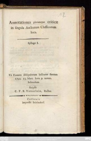 Sylloge 1: Ut Examen discipulorum indicaret suorum 1795. 23. Mart. hora 9. antem. habendum