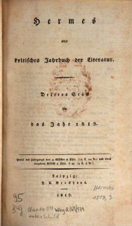 Hermes oder kritisches Jahrbuch der Literatur. 1819,3