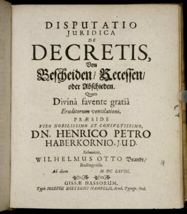 Disputatio Iuridica De Decretis, Von Bescheiden/ Recessen/ oder Abschieden