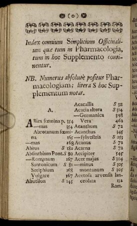 Index omnium Simplicium Officinalium quæ tum in Pharmacologia, tum in hoc Supplemento continentur.